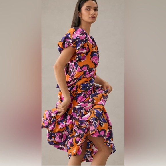 By Anthropologie Puff Sleeve Midi Floral Orange and Purple Dress size S - Picture 3 of 11